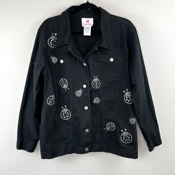 Quacker Factory Black Denim Ladybug Rhinestone Embellished Button Jacket Large - Picture 11 of 14